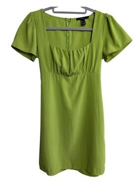 Forever 21 Lime Green Puff Sleeve Square Neck Tie Back Ruched Mini Dress Size S